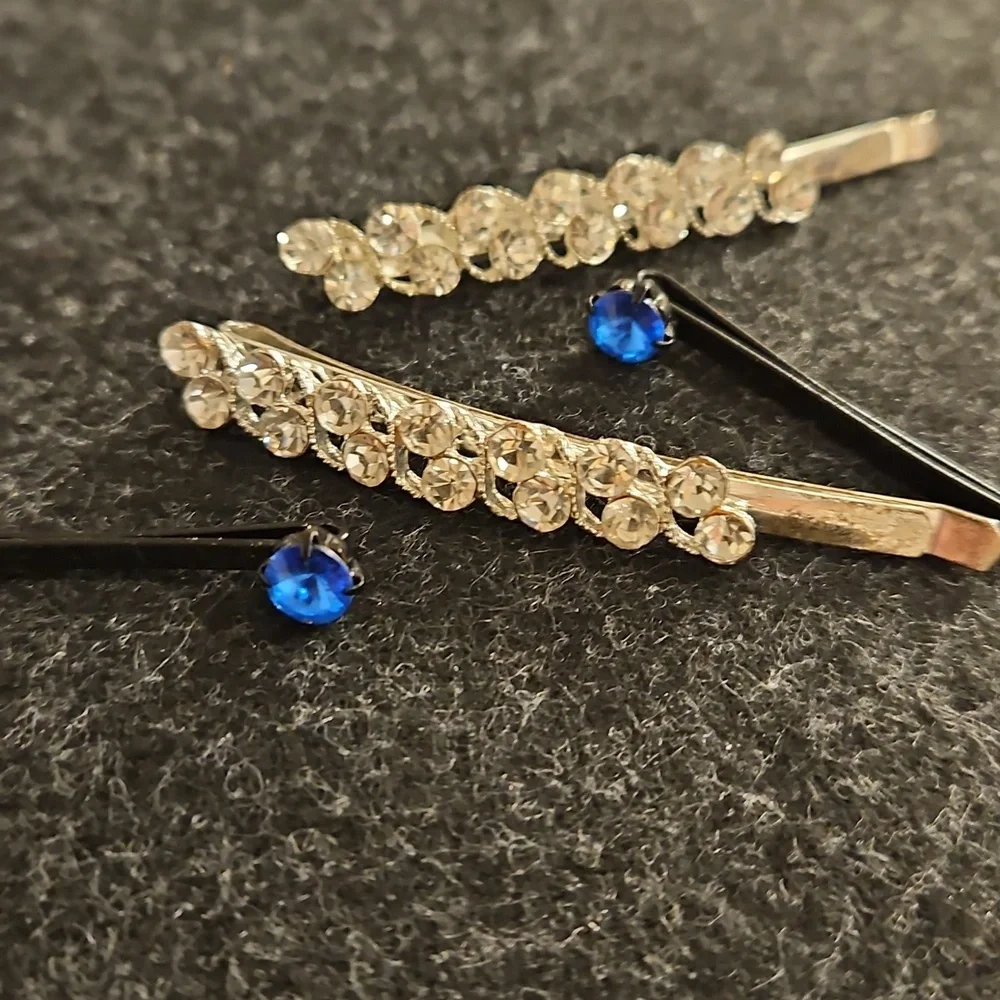 Set Of 4 Blue And Clear Rhinestone hair pins Special Occasion Bun Braid Prom